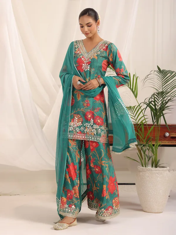 Rama green pakistani silk floral palazzo kurti set