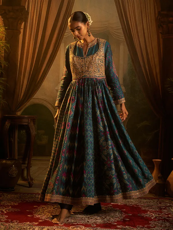 Rama green printed anarkali suit in patola silk