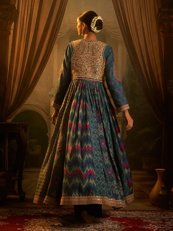 Rama green printed anarkali suit in patola silk