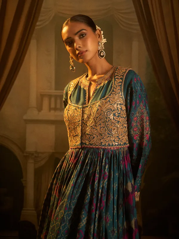 Rama green printed anarkali suit in patola silk