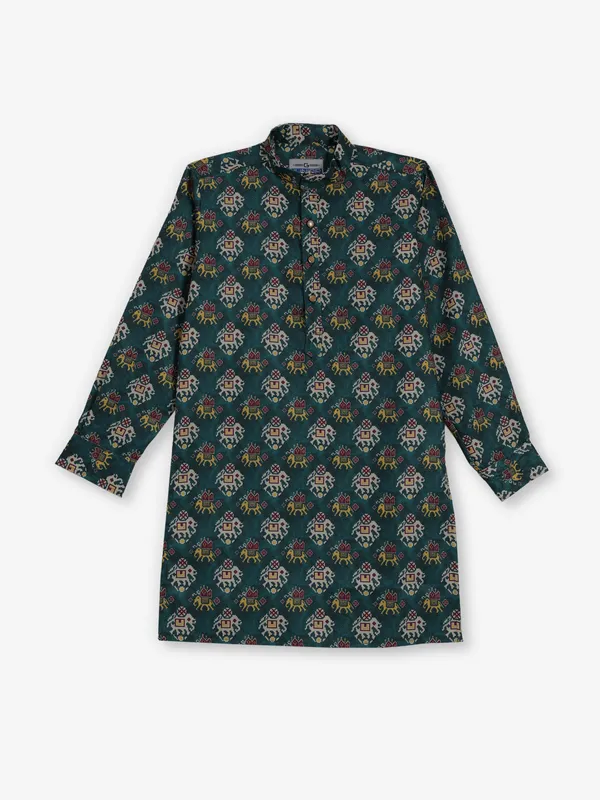 Rama green printed cotton silk kurta