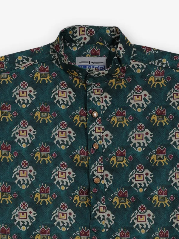 Rama green printed cotton silk kurta