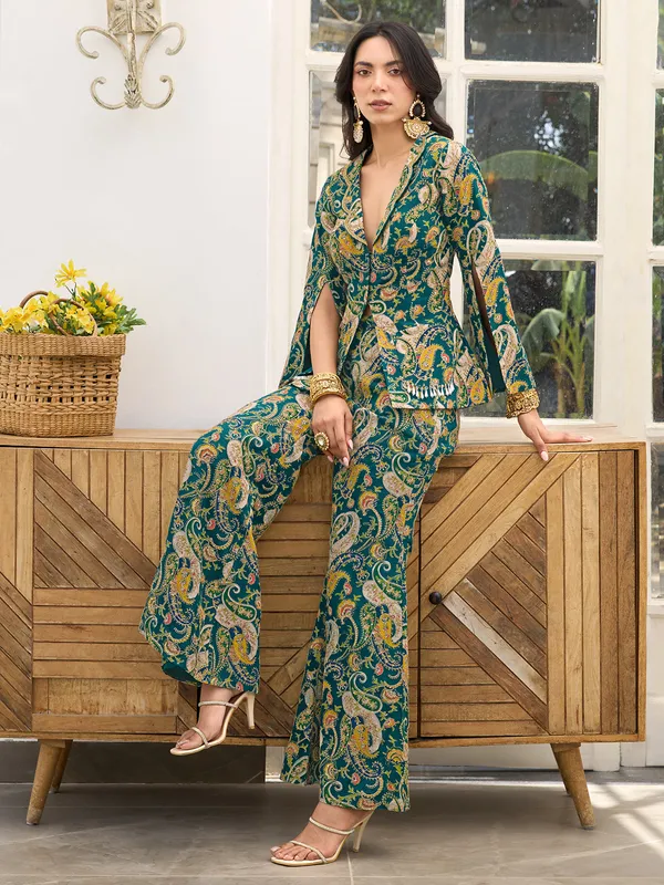 Rama green printed georgette palazzo suit