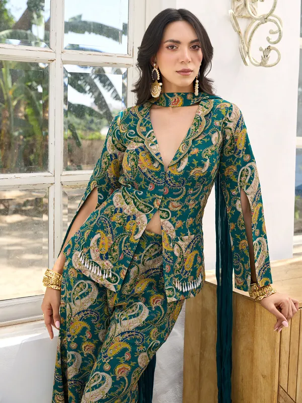 Rama green printed georgette palazzo suit