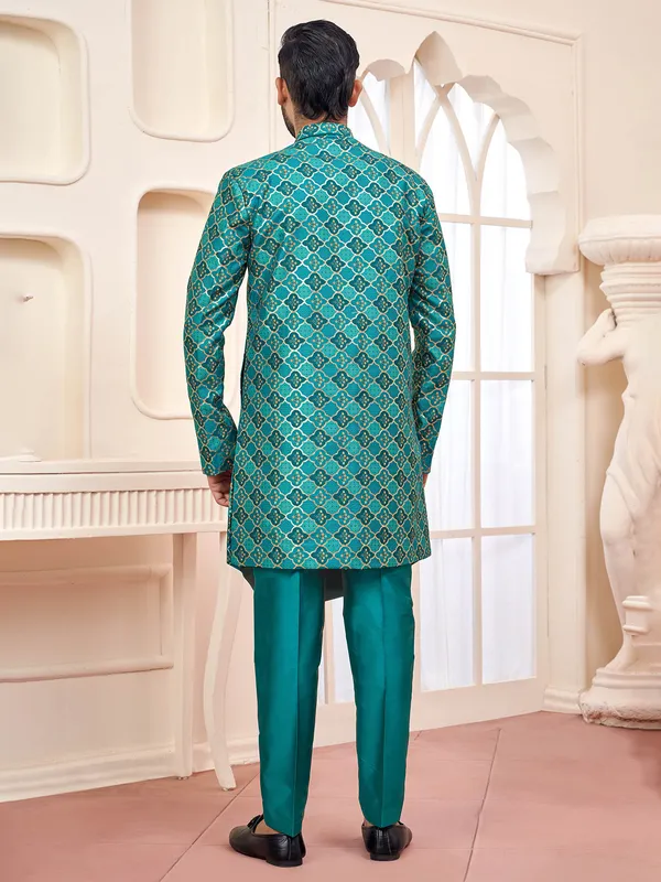 Rama green printed indo western for wedding look