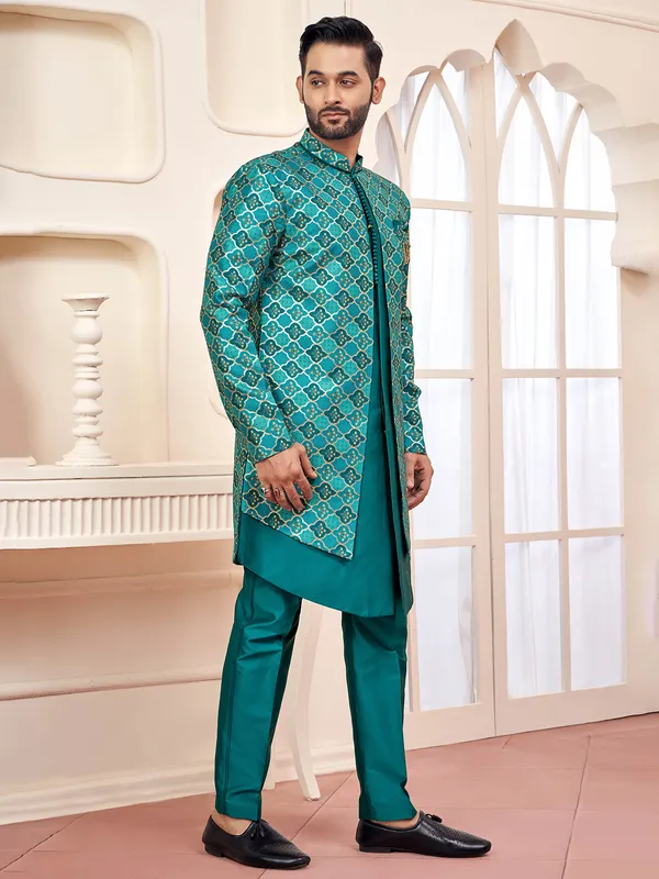 Rama green printed indo western for wedding look