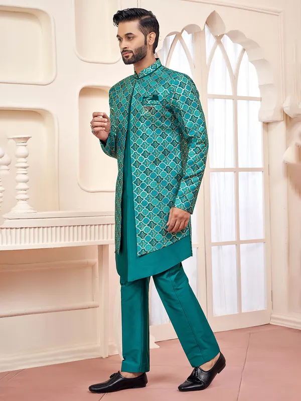 Rama green printed indo western for wedding look