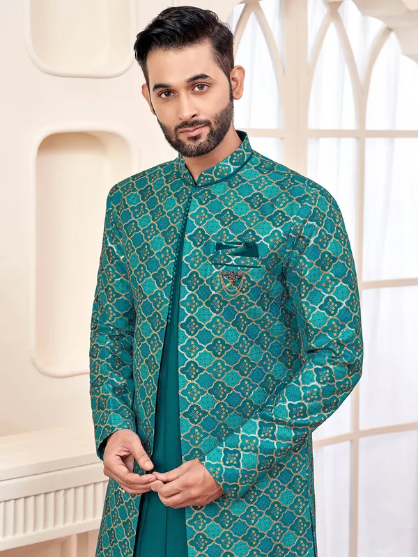 Rama green printed indo western for wedding look