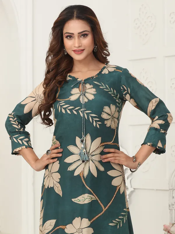 Rama green printed silk kurti set