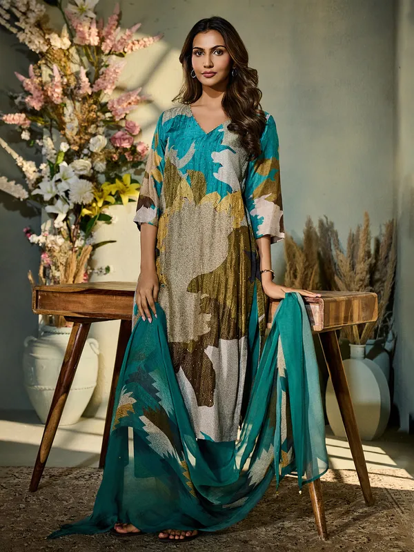 Rama green printed silk kurti set with dupatta