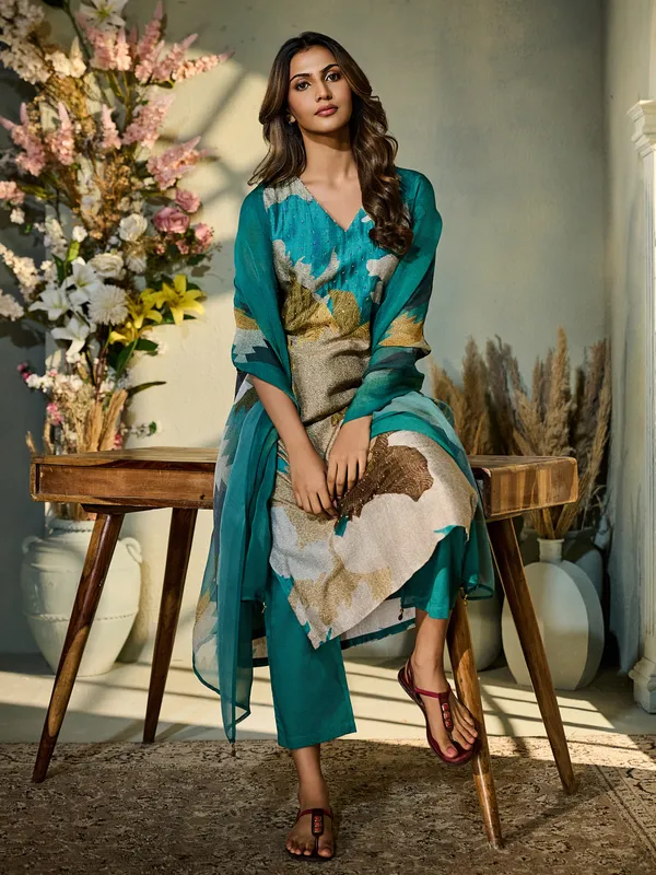 Rama green printed silk kurti set with dupatta