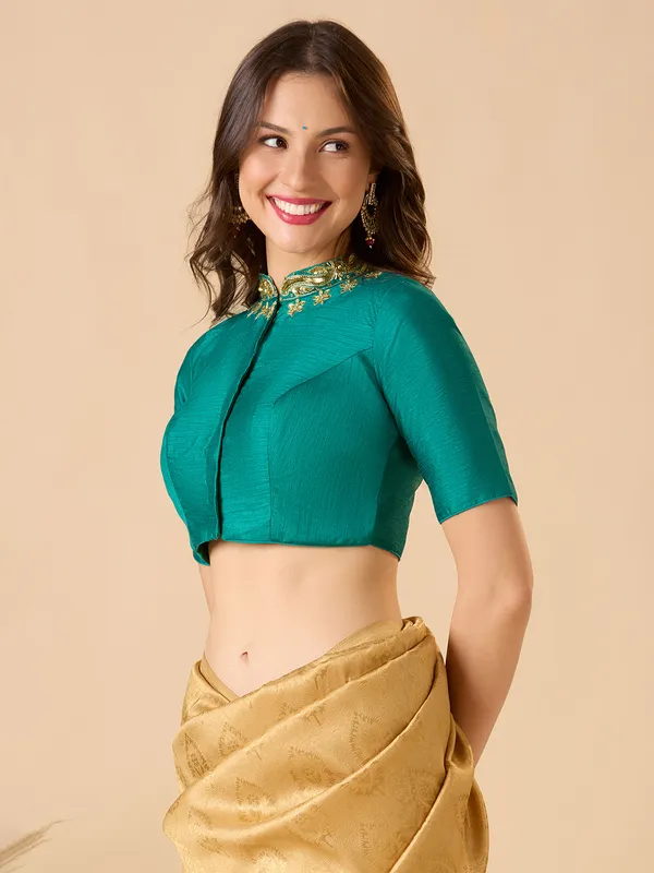 Rama green raw silk ready made blouse with resham work