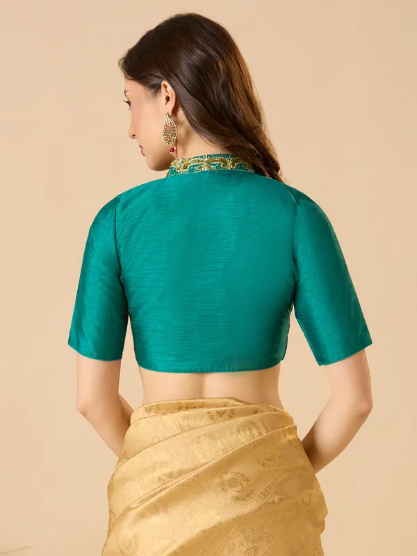 Rama green raw silk ready made blouse with resham work
