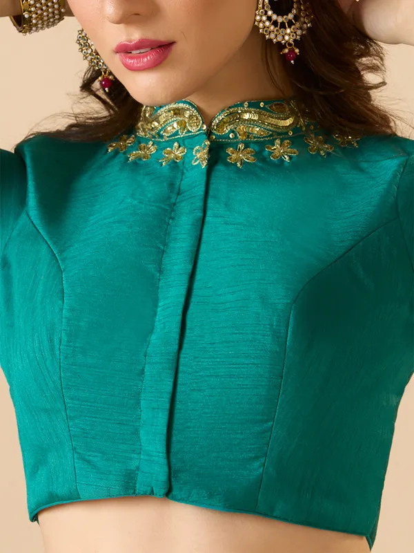 Rama green raw silk ready made blouse with resham work
