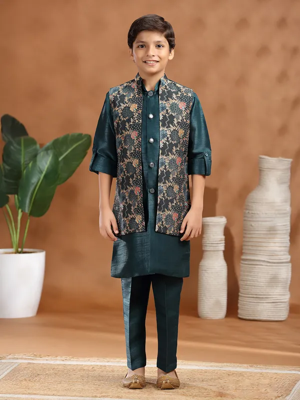 Rama green raw silk zari weaving waistcoat set