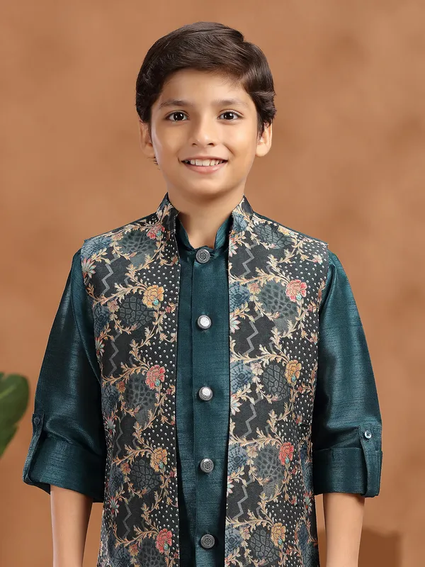 Rama green raw silk zari weaving waistcoat set