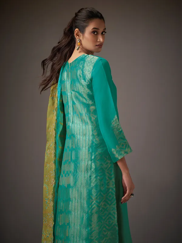 Rama green resham worked salwar suit in silk