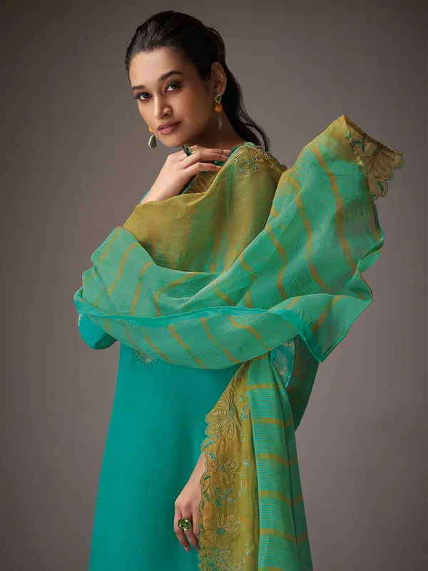 Rama green resham worked salwar suit in silk