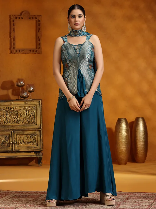 Rama green santi silk palazzo suit with dupatta