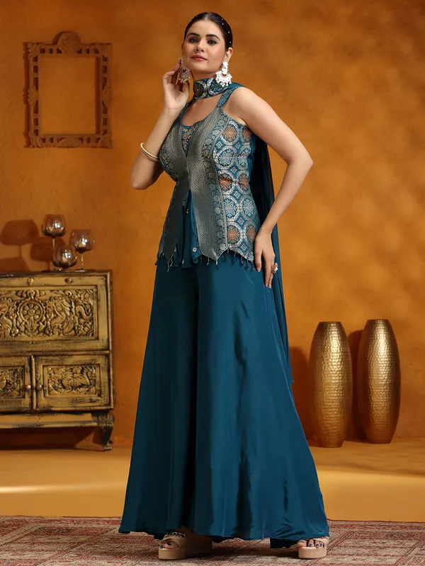Rama green santi silk palazzo suit with dupatta