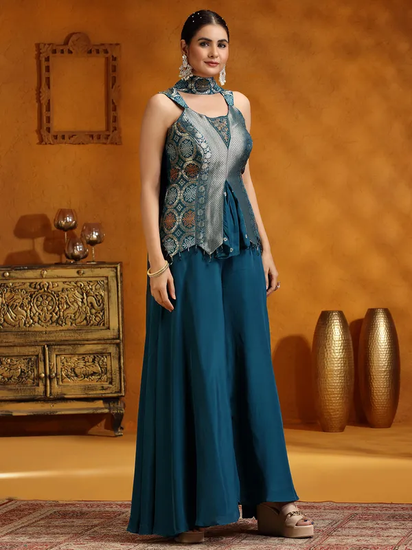 Rama green santi silk palazzo suit with dupatta