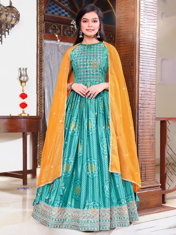 Rama green silk anarkali suit for wedding and festive
