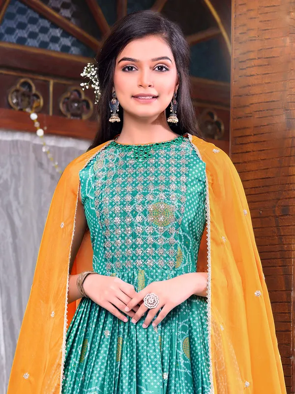 Rama green silk anarkali suit for wedding and festive