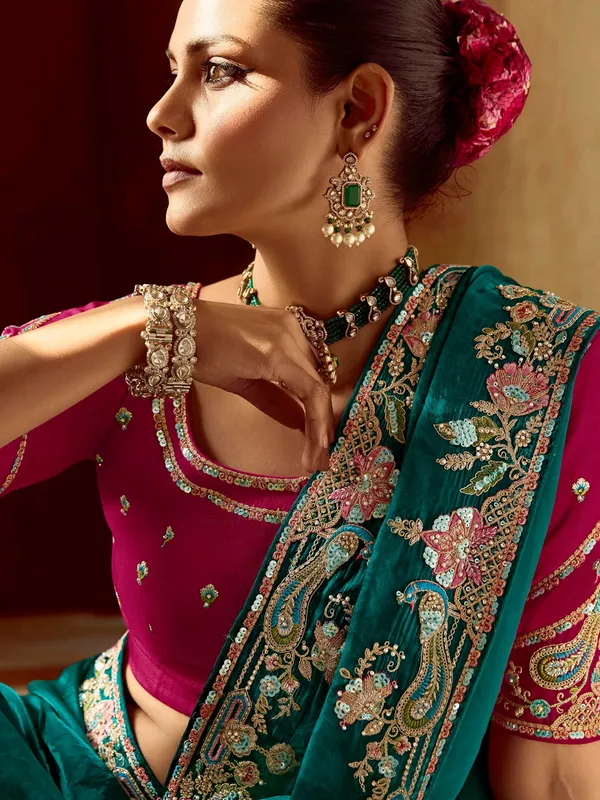 Rama green silk festive wear saree for women