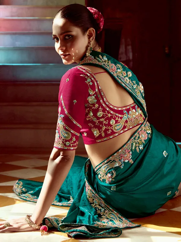 Rama green silk festive wear saree for women