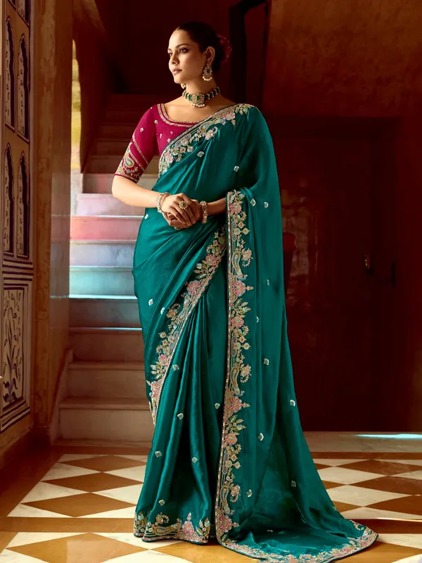 Rama green silk festive wear saree for women