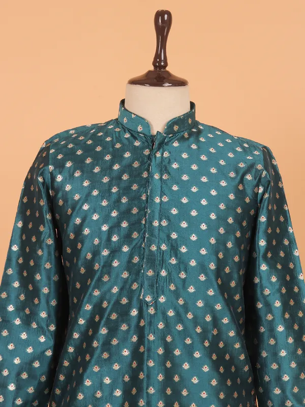 Rama green silk festive zari kurta set for men