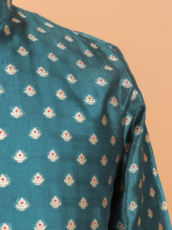 Rama green silk festive zari kurta set for men