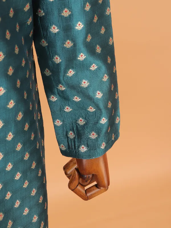 Rama green silk festive zari kurta set for men