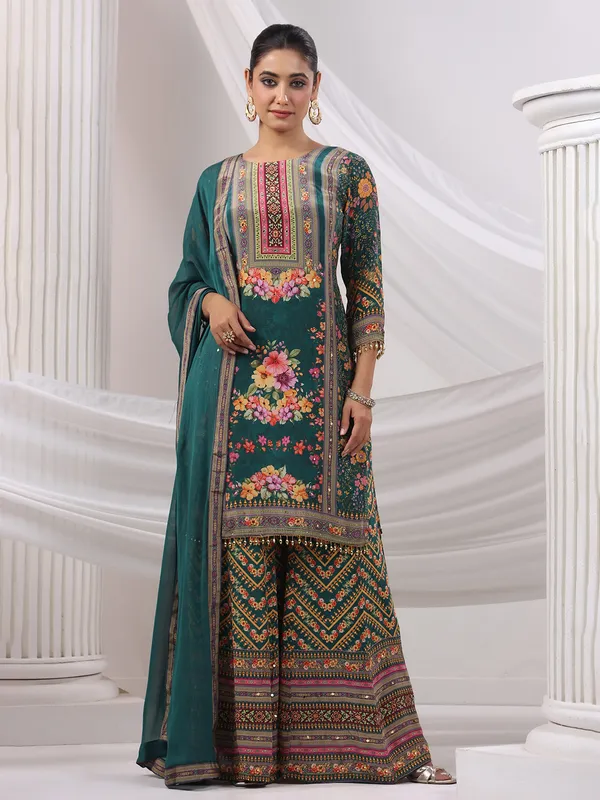 Rama green silk floral palazzo kurti set