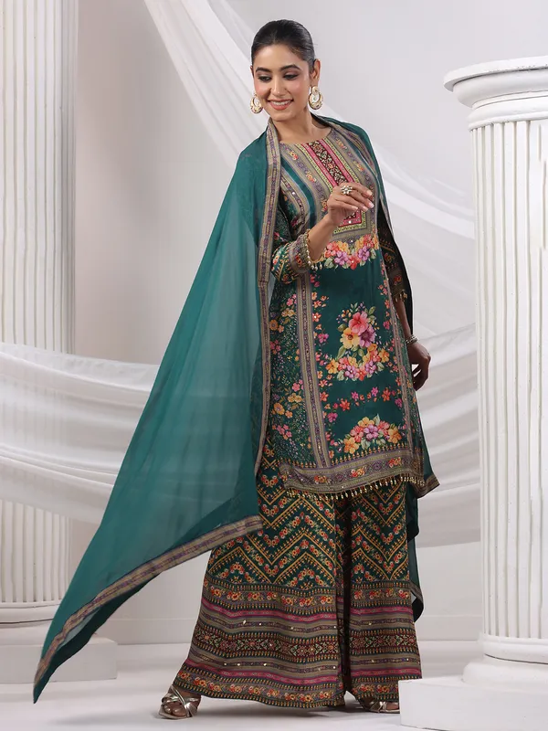 Rama green silk floral palazzo kurti set