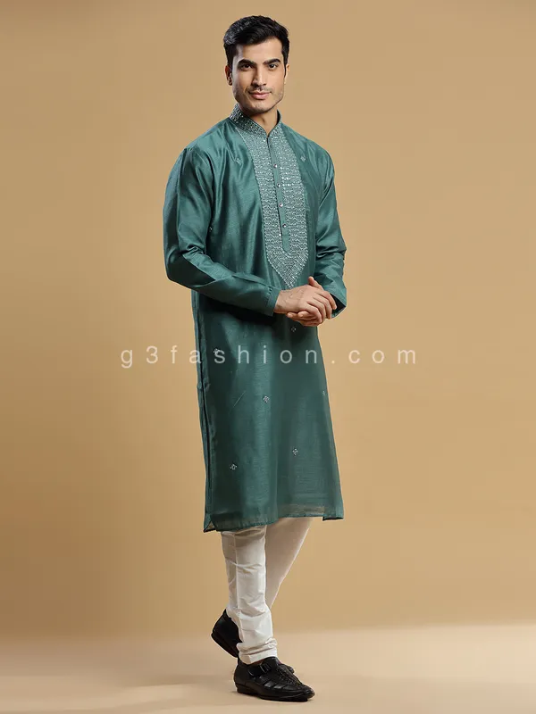 Rama green silk  Men Kurta pajama for festive