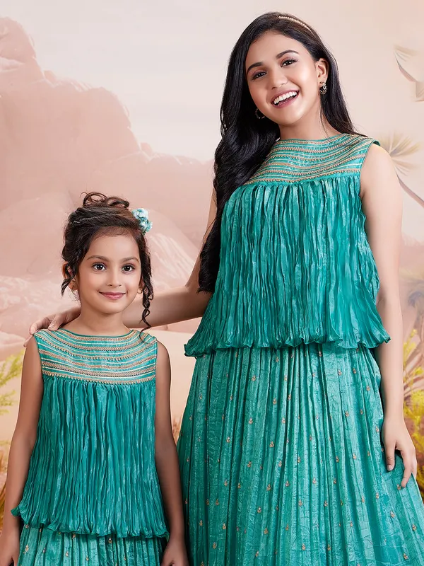 Rama green silk lehenga choli for girls for sangeet