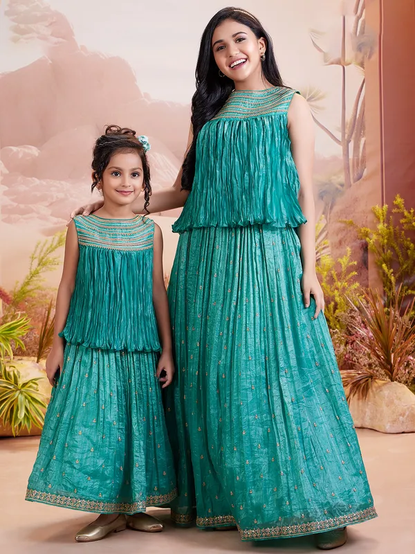 Rama green silk lehenga choli for girls for sangeet