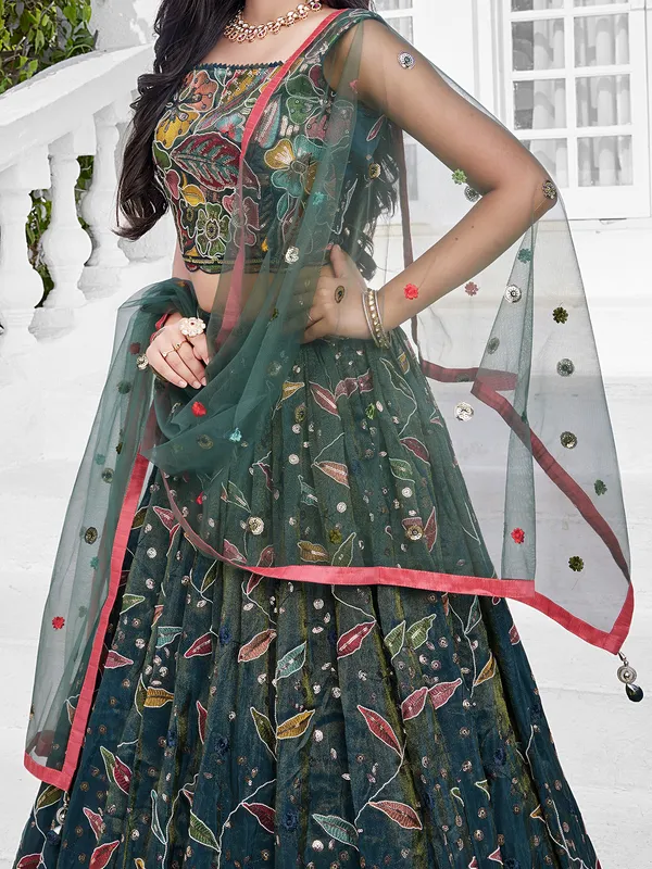 Rama green silk lehenga choli with thread work