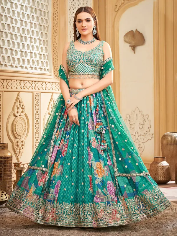Rama green silk lehenga choli with zari sequins