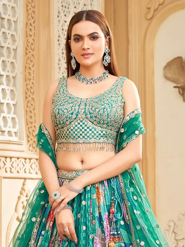 Rama green silk lehenga choli with zari sequins