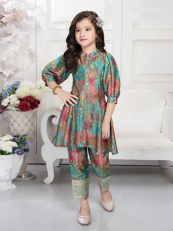 Rama green silk printed co ord set