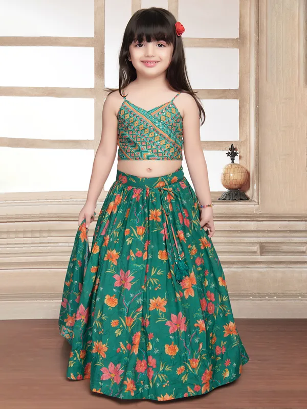 Rama green silk printed lehenga choli