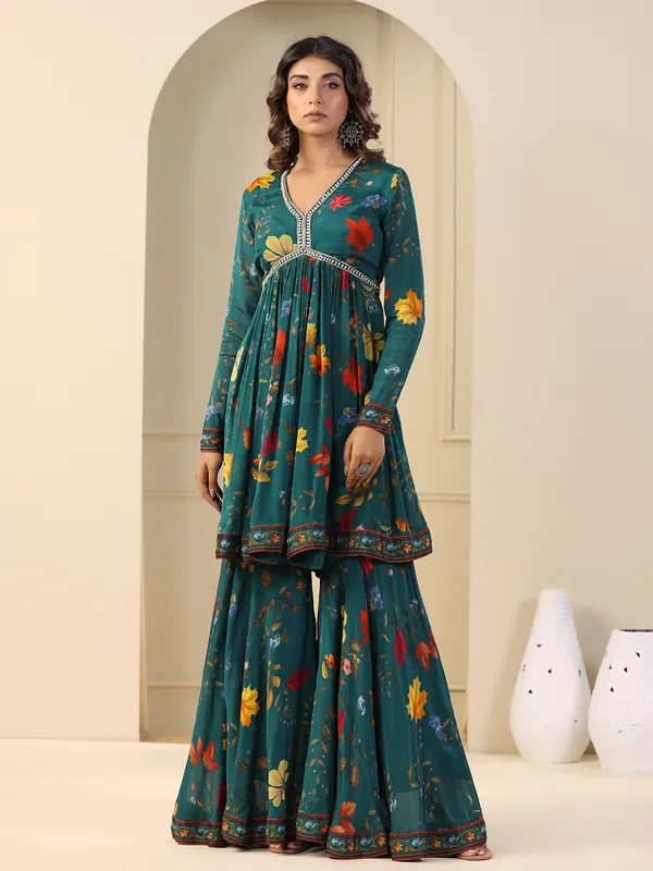 Rama green silk printed sharara set