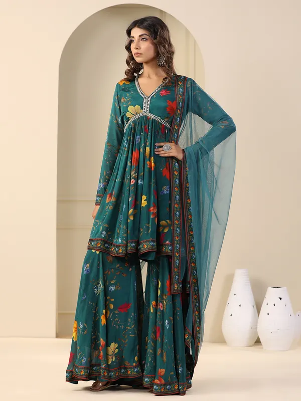 Rama green silk printed sharara set