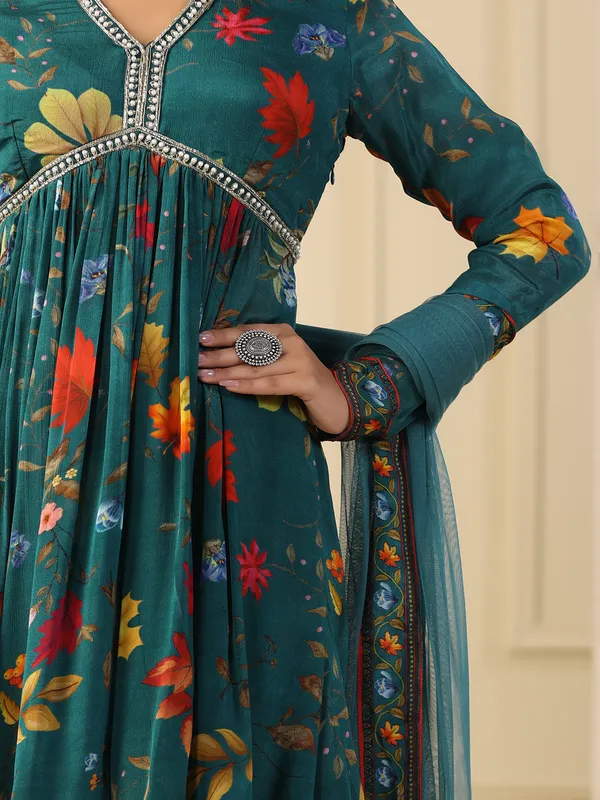 Rama green silk printed sharara set