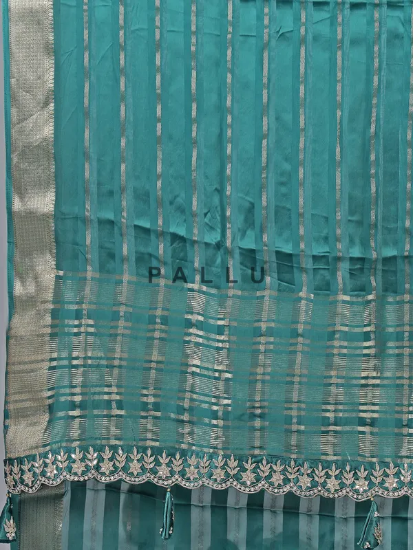 Rama green silk saree with zardosi and pearls