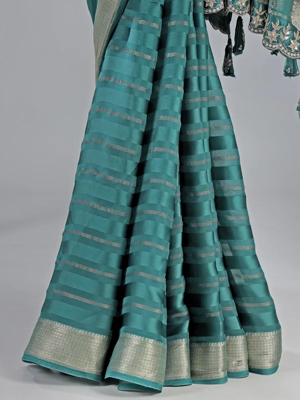 Rama green silk saree with zardosi and pearls