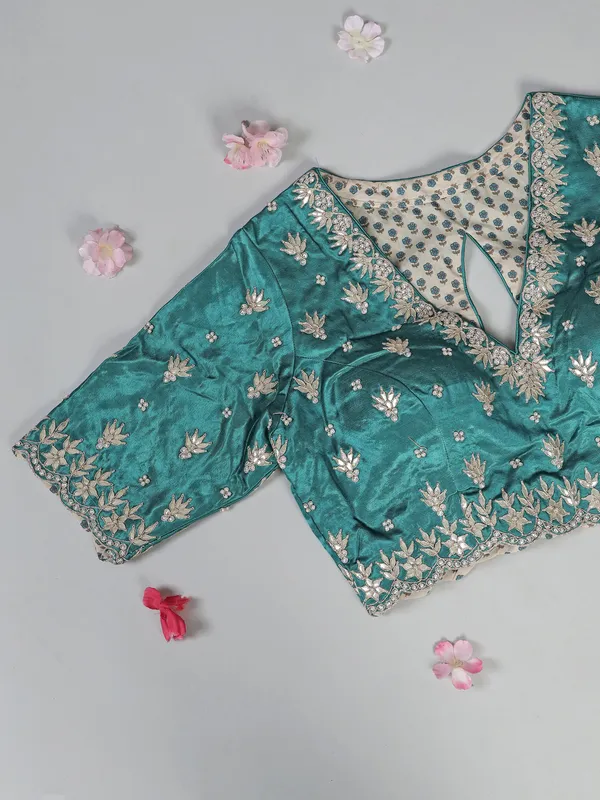 Rama green silk saree with zardosi and pearls
