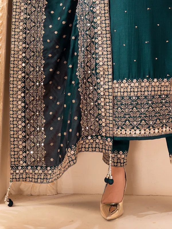 Rama green silk straight cut salwar suit with dupatta